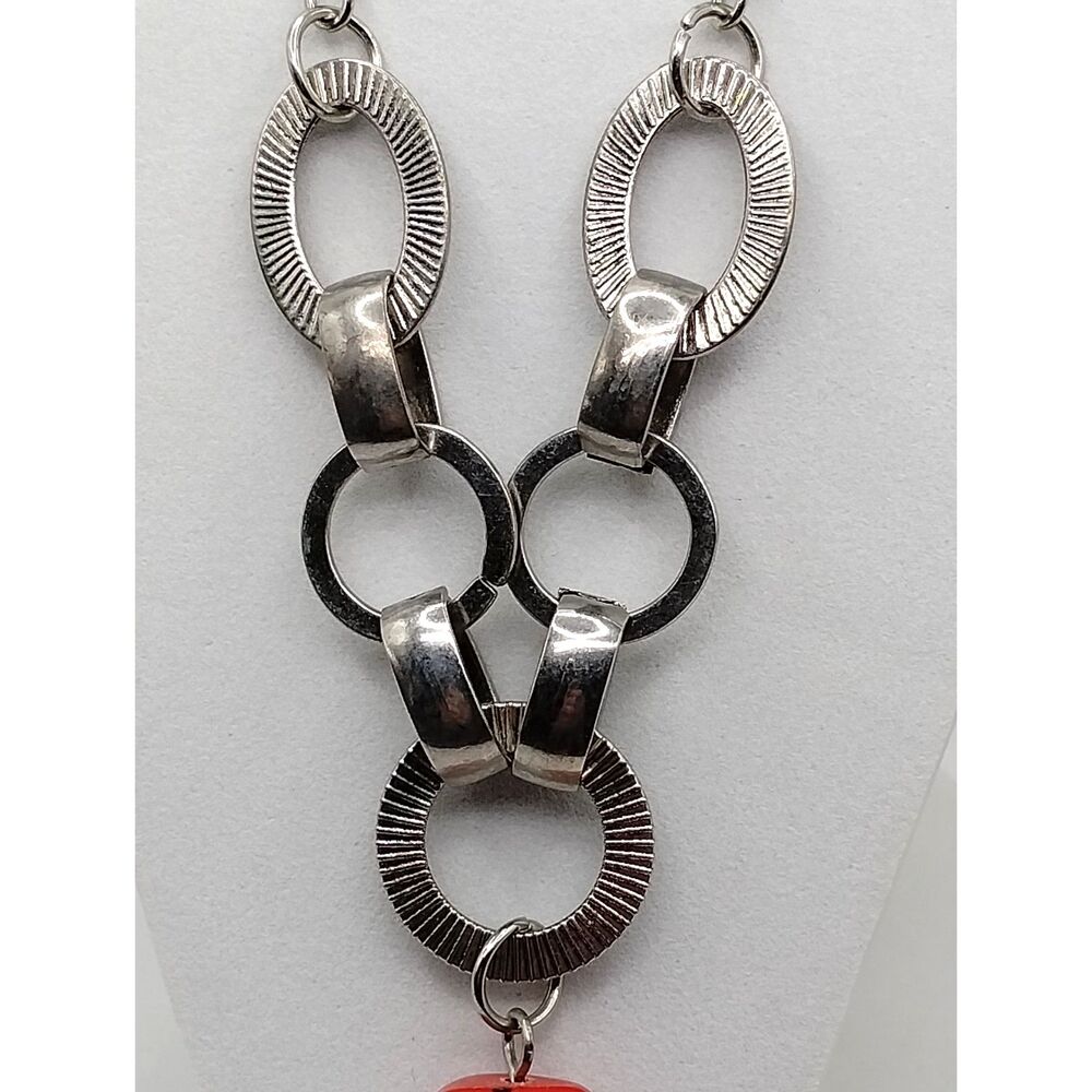 Vintage Terrazzo Red Glass Pendant on Silver Tone Chain Lg Mixed Metal Circles - Picture 5 of 6